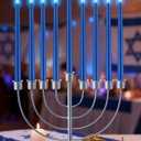 Traditional Hanukkah Menorah with 9 Blue Flameless Candle Lights, 11 Stainless Steel Menorah Candle Holder, Battery Operated or Real Wax Candles, Light Up Menorahs for Chanukah, Hanukkah Decorations