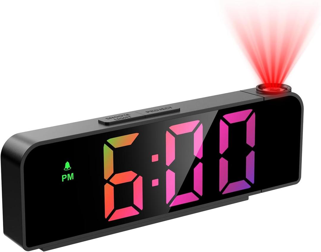 JXTZ Projection Alarm Clock, Alarm Clocks with Projection on Ceiling with 7.9" Large Display, LED Digital Clock with 4 Level Brightness, Snooze, Temperature, Clock for Bedroom Living Room, Colorful