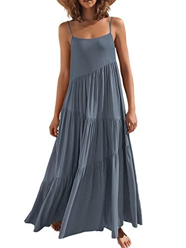 ANRABESS Women Summer Casual Loose Sleeveless Sundress Spaghetti Strap Flowy Boho Linen Beach Vacation Maxi Long Dress Gray Blue L