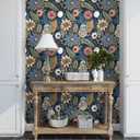 Boho Wallpaper Peel and Stick, Dark Vintage Floral Contact Paper, 17.5" x 197" Retro Botanical Flower Wall Paper Self Adhesive Removable Waterproof for Walls Shelf Cabinet Table (Blue,Yellow, Green)