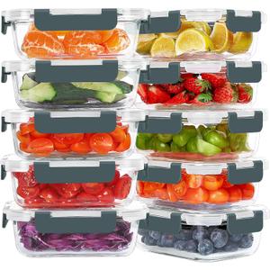 KOMUEE 10 Packs 22 oz Glass Meal Prep Containers, Glass Food Storage Containers with Lids, Airtight Lunch Boxes BPA Free, Microwave and Freezer Safe (Gray)