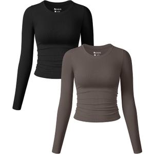OQQ Womens 2 Piece Shirts Long Sleeve Crew Neck Ruched Stretch Basic Fitted Tee Shirts Tops Medium