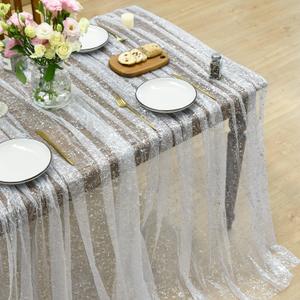 Horaldaily White Silver Gauze Tablecloth 60x104 Inch Rectangular, Silver Sequin Glitter Metallic Foil, Sheer Tulle Cheesecloth for Wedding Baby Shower Ceremony Birthday