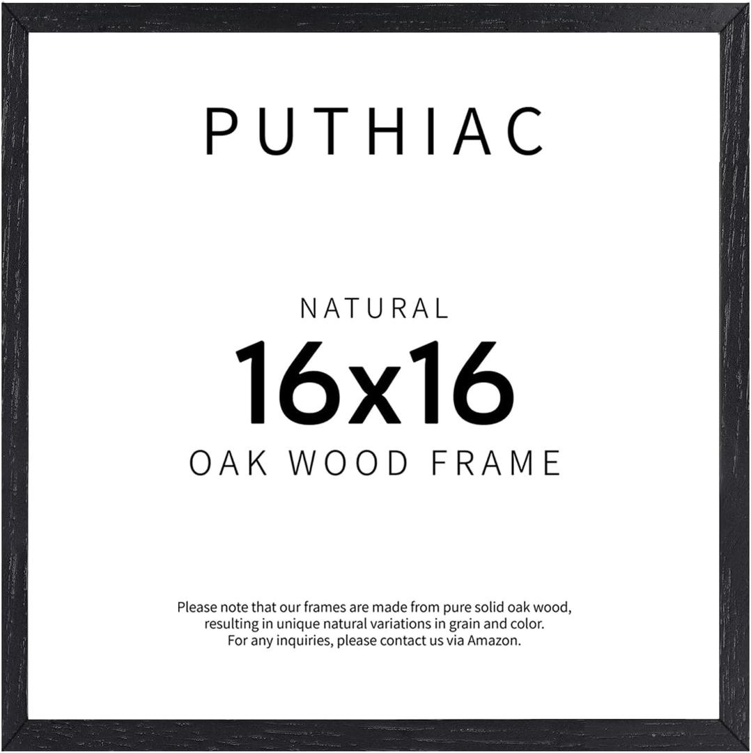 puthiac 16x16 Solid Oak Wood Picture Frame, Fits 12x12 with Mat or 16x16 Without Mat, Wall Display Only, Plexi Front, 1 Pack, Black