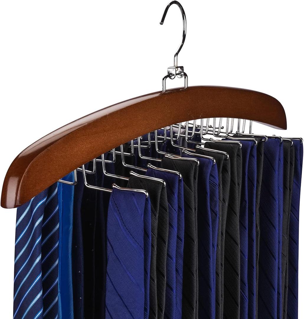 Tie Rack Tie Hanger 24 Hooks Wooden, Tank Top Hanger,Belt Organizer for Closet,with Upgraded 360Rotating, Belts Scarves Accessories for Bras,Tank Tops,Camisoles (Walnut)