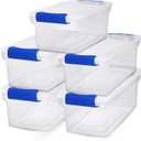 HOMZ 5-Pack Latching Lid, Clear Plastic Storage Organizer Bins, 7.5 Quart, Blue Latch - Stackable Organizing Containers for Home, Garage, and Office