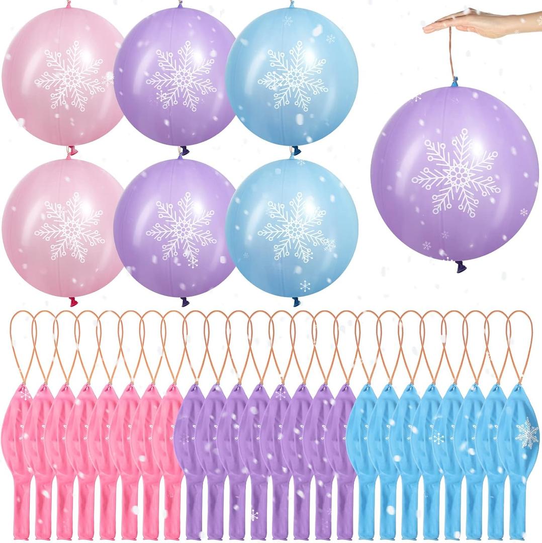 Leitee 36 Pcs 18 Inch Snowflake Punch Balloons Winter Theme Party Favors Carnival Prize Bounce Punching Balloons with Rubber Band Handle for Birthday Party Daily Game School