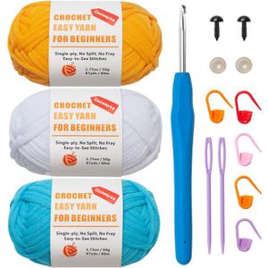 Crochet Yarn for Beginners, Beginner Yarn for Crocheting, 3 Pack1.8 oz Amigurumi Yarns Set with Easy-to-See Stitches and No Split, Thick & Soft, Worsted Medium #4, Cotton-Nylon Blend (Yellow Blue White)