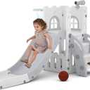 6 in 1 Toddler Slide,Kids Playset for Toddlers Indoor Outdoor, Baby Slide with Basketball Hoop, Telescope & Storage Space,Non-Slip Steps for Great Gift (Gray)
