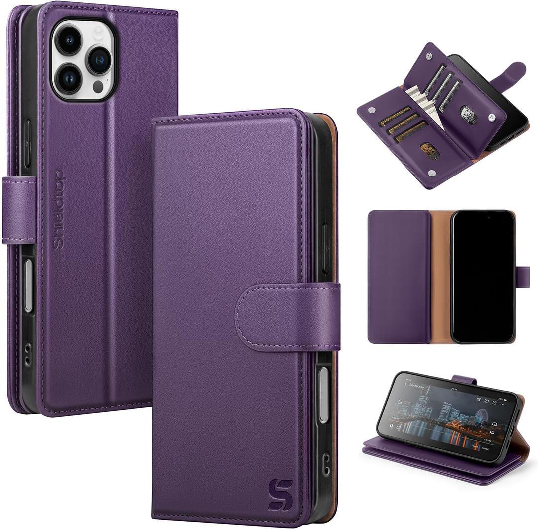 Shieldtop for iPhone 16 Pro Max Wallet Case with Card Holder,Dark Purple