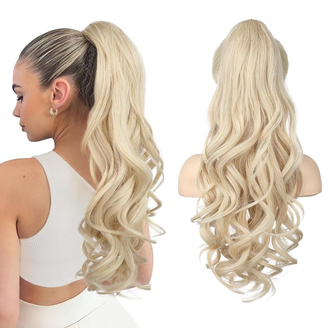 LONAI Claw Clip Ponytail Extension for Women 24 Inch Curly Wavy Ponytails Extensions Clip in Ponytail Hair Extensions Pony Tail Clip on Ponytails Hair Piece (Cool Blonde)