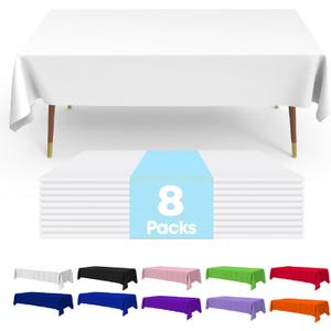 Premium Disposable Table Cloth - 8 Pack, 54''x108'' Plastic Tablecloth for Parties, Leakproof & Sturdy, White