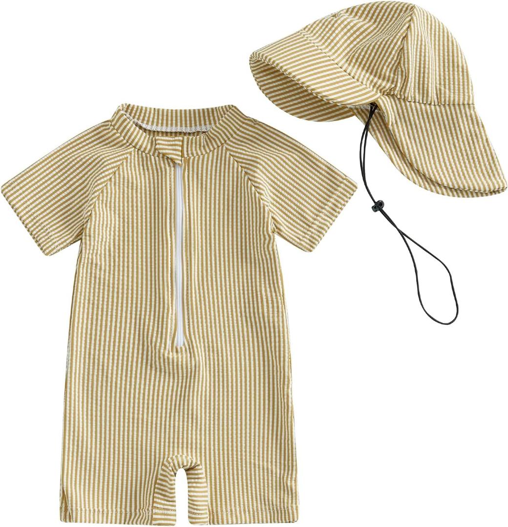 Toddler Baby Boys Seersucker Short Sleeve One Piece Rash Guard Swimsuit Zipper Bathing Suit Swimwear with Ha, 6-12 Months, Khaki