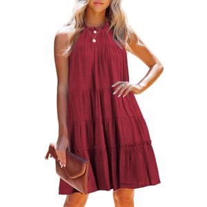 Aoysky Womens Summer Sleeveless Halter Ruffle Flowy Boho Dress Casual Loose Swing Pleated Tiered A-Line Beach Party Dress Wine, Medium
