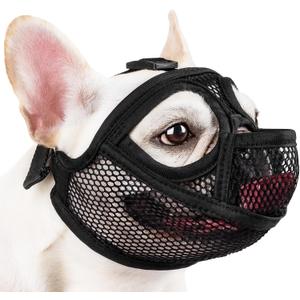 Mayerzon French Bulldog Muzzle, Full Pant Mesh Short Snout Muzzle for Flat-Faced Dogs Shih Tzu Pug English Bulldog for Grooming Vet Visit, Allows to Drink, Prevent Biting Eating (S [Head Cir: 15"-17"], Black)