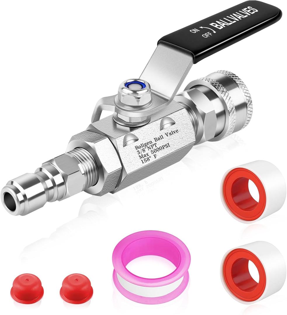Boltigen 5000 PSI High Pressure Washer Ball Valve Kit, 3/8" Quick Connect Shut Off Ball Valve for Power Washer Hose, Stainless Steel