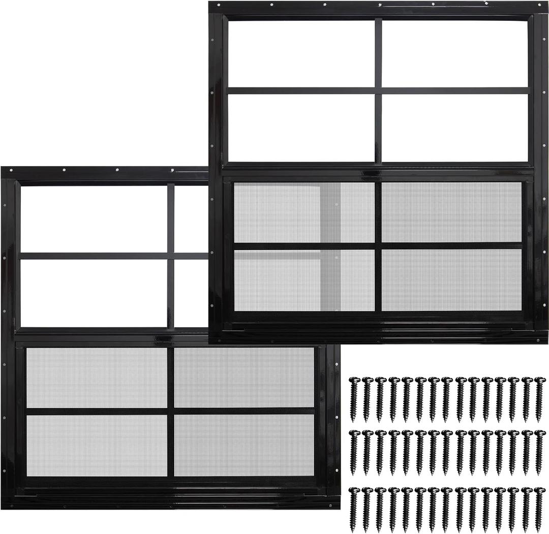 NeatiEase 2 Pack Shed Windows with Black Frame, 24 x 24 Flush Mount Small Window with Tempered Glass and Fiberglass Screen for Shed, Chicken Coop, Playhouse, Household, Garage