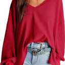Dokotoo Womens Waffle Knit Tops Fashion 2025 Long Lantern Sleeve Casual Blouses V Neck Oversized T Shirts (XX-Large, Red)
