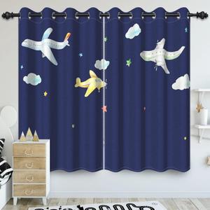 Navy Blue Kids Blackout Curtains for Boys Girls Teens Bedroom Cute Airplane Stars Clouds Curtain for Home Living Room Dorm Room Darkening Grommet Window Drapes 2 Panel Set, 26"x63"