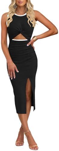 oten Women's Casual Sleeveless Cutout Twist Front Side Slit Ribbed Knit Party Bodycon Midi Dresses Medium