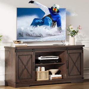 GarveeHome Farmhouse TV Stand with Sliding Barn Doors for 65 Inch TV Entertainment Center, Storage Cabinet, Adjustable Shelves, Media Console Table, Wood Grain Finish, for Living Room, Bedroom 59 in L x 16 in W x 28 in H