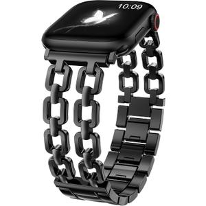 Wearlizer Compatible with Apple Watch Bands 41/40/38/44/45/46/49/42mm Women, Dressy Fancy Metal Chain Pretty Strap Designer Gold Silver Link Bracelet for iWatch Ultra SE Series 10 9 8 7 6 5 4 3 2 1, Black