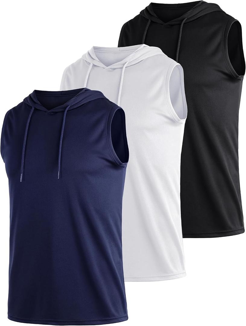 3 Pack Men's Dry Fit Moisture Wicking Tech Quick Dry Sleeveless Shirts Mesh Hoodie Active Athletic Tank Tops (Medium, Black White Blue)
