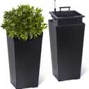 GarveeLife 22.5 in Tall Planters Set of 2, OutdoorIndoor Black Planter Pots, High Front Porch Planter Pots with Drainage HolesWater Level MonitorInner Bucket, Automatic Watering, Black
