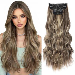 Clip in Hair Extensions for Women 22 Inch Wavy Synthetic 4Pcs Hairpieces Thick Double Lace Weft Invisible Natural in Hair Extensions(Chestnut Brown Mixed Ash Blonde)