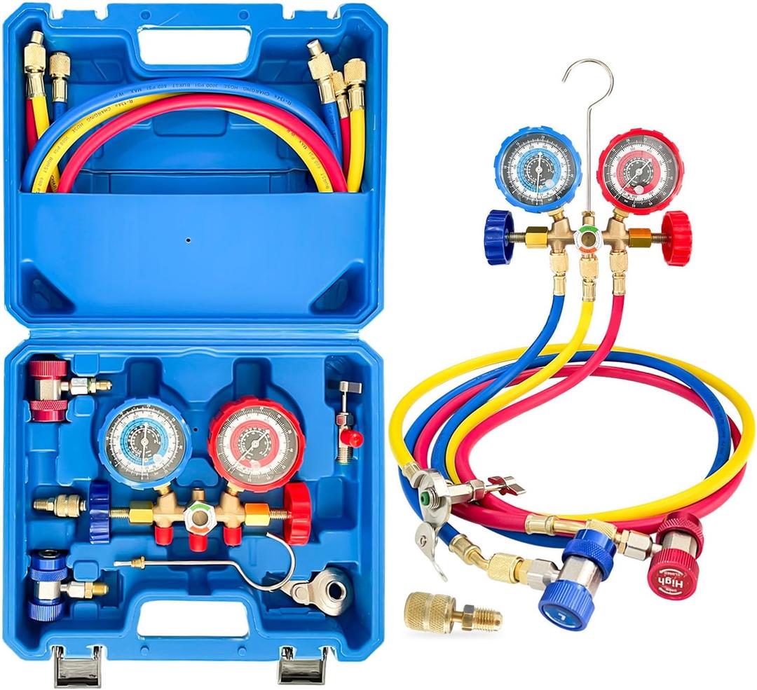 Sutekus AC Gauge Set 3 Way AC Manifold Gauge Set Freon Charge Kit with Hoses Couplers & Adapter for R410 R22 R134A R404 Refrigerant