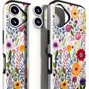 Compatible for iPhone 16 Plus Case Cute with Card Holder Shockproof Slim Slot Phone Wallet Cover for Women/Watercolor Summer Blooming Floral Flower Meadow Natural