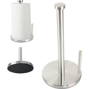 Paper Towel Holder with Side Rod, Stainless Steel, Easy Tear Dispenser for Home Kitchen Countertop Tabletop (Silver)