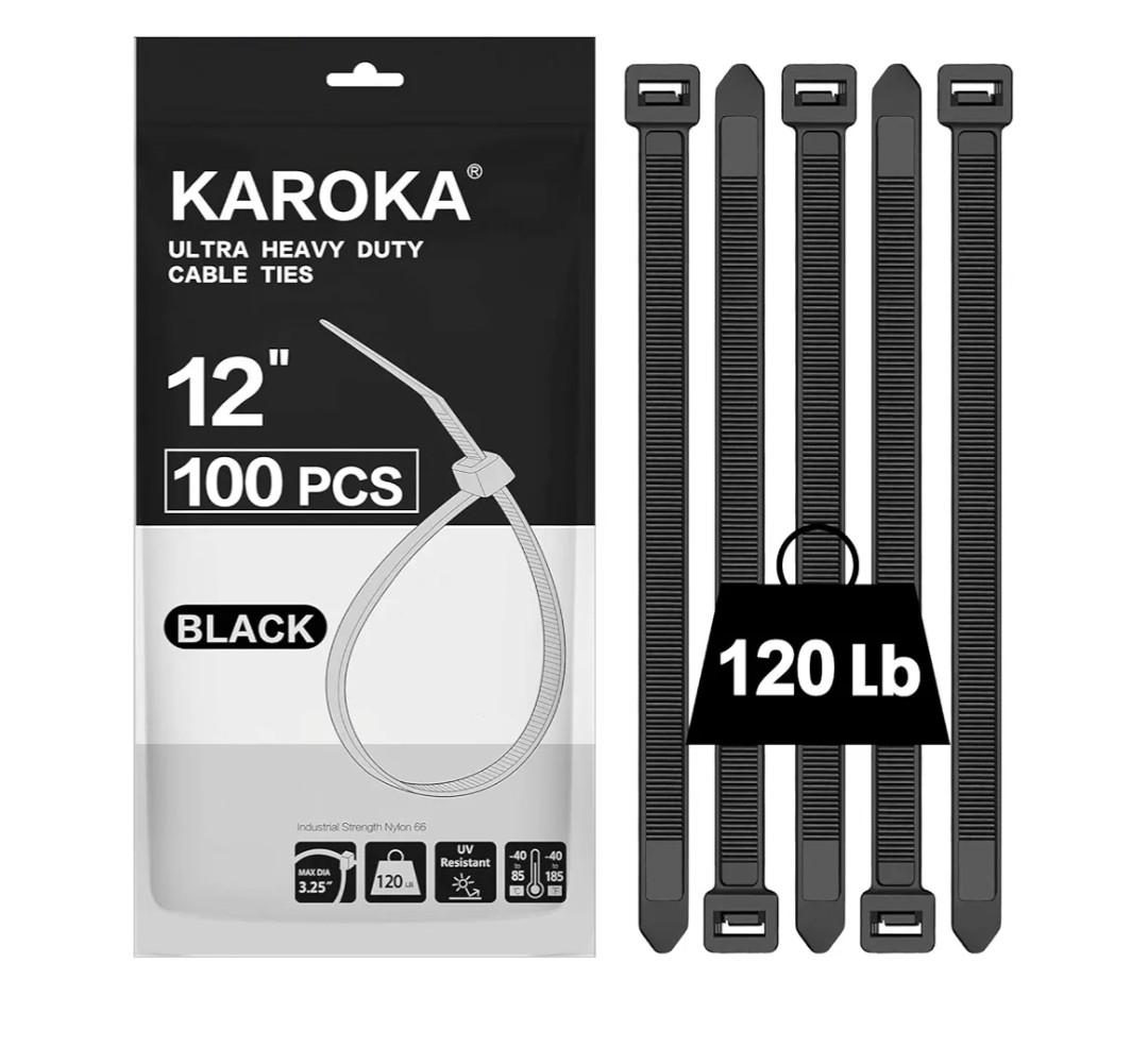 Zip Ties 12 inch Heavy Duty Zip Ties with 120 Pounds Tensile Strength, Black Cable Ties, 100 Pieces,by Karoka