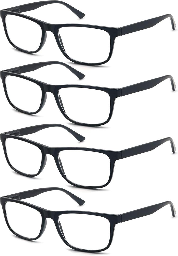 Reading Glasses 2.00 Oversized Large Square Men Readers Black Frame 4 Pack,Comfy Lightweight Eyeglasses for Reading Flexible Spring Hinge