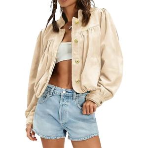 Women's Faux Suede Jacket with Pockets Oversized Puffed Long Sleeve Stand Collar Button Down Pilot Jackets Coat (Beige, XL)