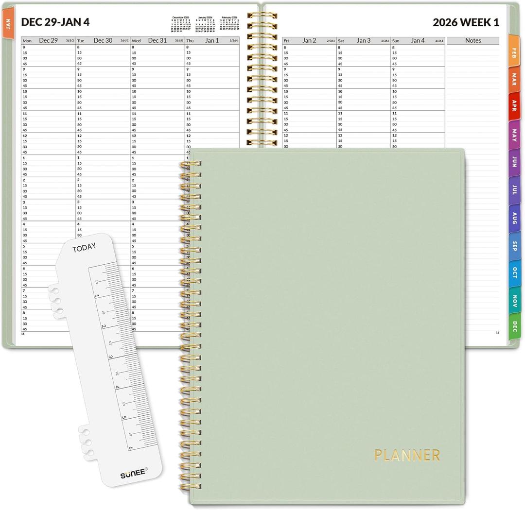 SUNEE 2026 Appointment Book 15-Minute Time Block - Daily, Weekly & Monthly Spiral Planner with Note Section - Thick Paper, Lay-Flat Bound - 8.5 x 11 for Office, School, Men & Women, Sage Green