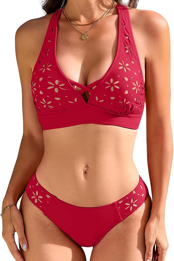RIHOAS Bikini Sets for Women Two Piece Bikini Swimsuits Modest Petal Hollow V Neck Top and Low Rise Bottom (Red)