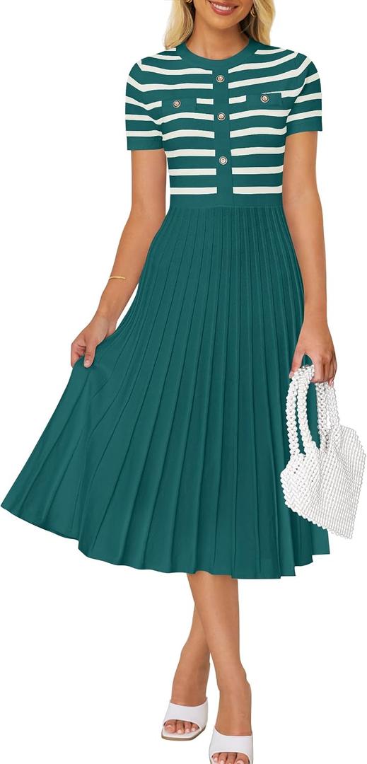 ZESICA Women's 2026 Casual Striped Midi Dress Crewneck Short Sleeve Button Ribbed Knit Swing Pleated A Line Dresses Dark Green X-Large