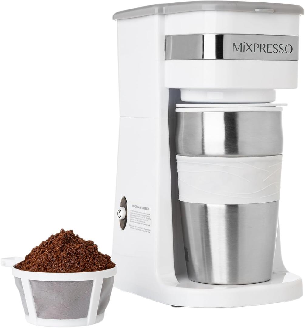 Mixpresso White Personal Single Serve Coffee Maker with 14oz Travel Mug, Drip Small Coffee Maker with Auto Shut Off, Reusable Filter, Works with Ground Coffee Only  Not for K-Cup Pods