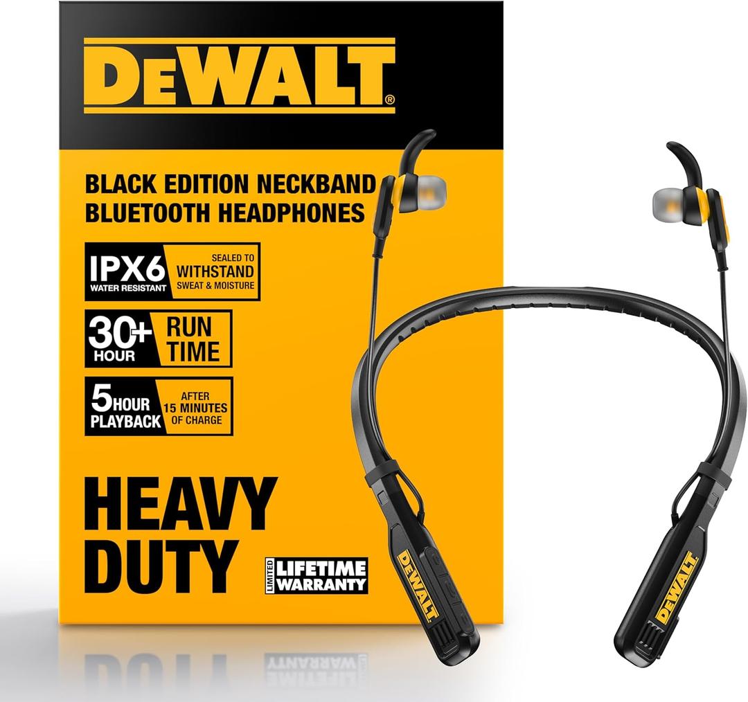 DEWALT Heavy Duty Magnetic Bluetooth Neckband Headphones, Wireless Around the Neck Earbuds w/30H Runtime+Noise Isolation, HandsFree Magnetic Wireless Earphones w/Mic Bluetooth Headsets - Black Edition