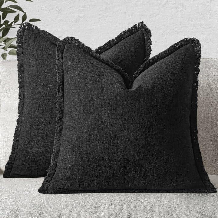 MIULEE Decorative Throw Pillow Covers Neutral Linen Fringe Throw Pillows Set of 2 Black Boho Farmhouse Cushion Covers with Tassels for Couch Sofa Bed Living Room Spring Home Decor 18x18 Inch