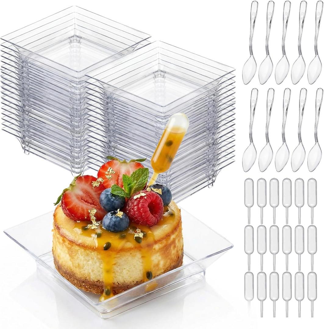 Mifoci 100 Set Mini Plastic Dessert Plates with Tasting Spoons and Pipettes, 2.5" Small Clear Disposable Square Appetizer Trays, Reusable Clear Plastic Mini Plates for Desserts Cake Fruit