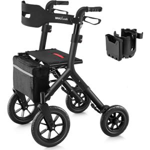 MAXWALK Rollator Walker with Seat, Tall Walkers for Seniors, 12" Big Rubber Wheels All Terrain Rollator Walker with Backrest, Built-in Cable, Foldable and Dual Adjustable Height for 5.3-7ft, Black