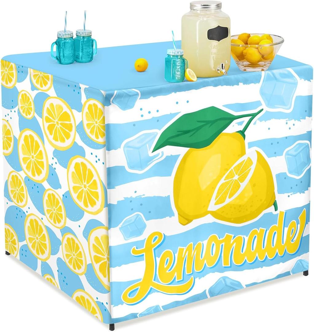 Lemonade Stand Kit for Lemonade Stand Supplies Lemonade Tablecloth Lemonade Table Cover Outdoor Yellow Lemon Business Sign for Folding Card Table Summer Beach Picnic Birthday Party Decor