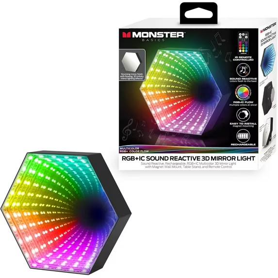 Monster Basics Smart Multicolor Hexagon LED Lights, RGBIC Sound-Reactive 3D Mirror Light