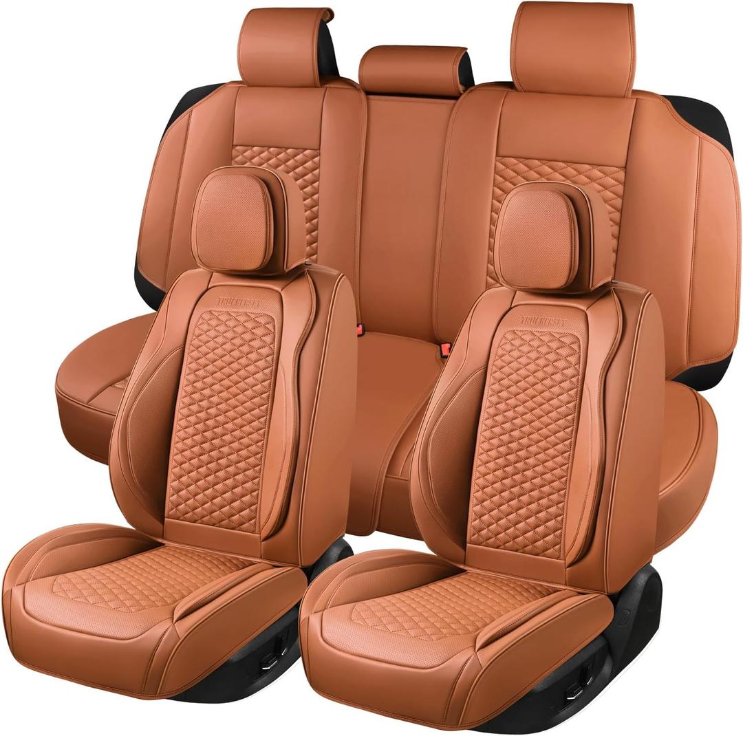 Car Seat Covers Full Set, Leather Seat Covers for Cars, 5 Pcak Breathable Seat Cover, Suitable for SUV/Truck/Sedan/Automotive (Brown)