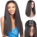 KRSI 22inch Yaki Straight Natural Black T-part Lace Front Wigs for Black Women Long Bob Wigs, Pre Plucked Bleached Knots Lace Front Wig Kinky Straight Half Wigs for Black Women(2#)