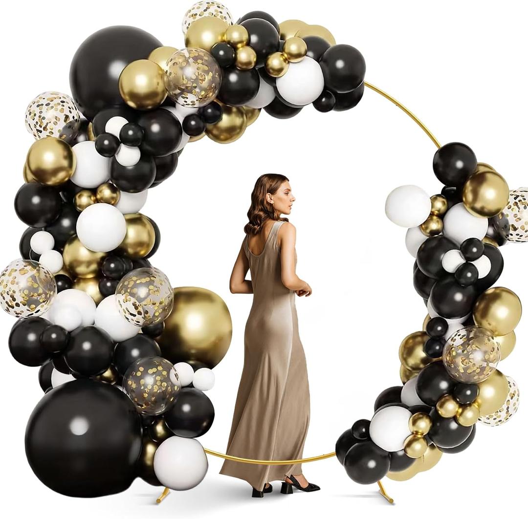 7.2Ft Round Backdrop Stand Circle Balloon Arch Frame Kit for Wedding Flower Ring Party Background Decoration (Black/White)