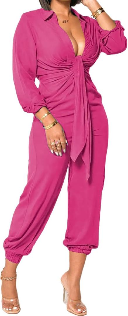 Xinlees Women's Elegant Jumpsuit Casual Long Sleeve Solid Straight Trousers Business Romper Stretchy Ankle Cuffs (XX-Large)