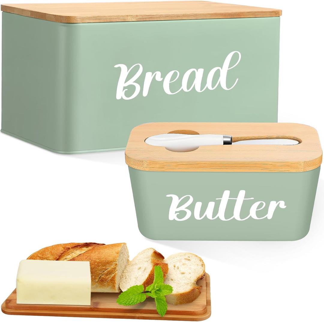 Hushee Metal Bread Box and Butter Dish with Bamboo Cutting Board Lid and Knife Bread Storage Container Breadbox for Kitchen Counter Butter Organizer for Kitchen Countertop Decoration(Sage Green)
